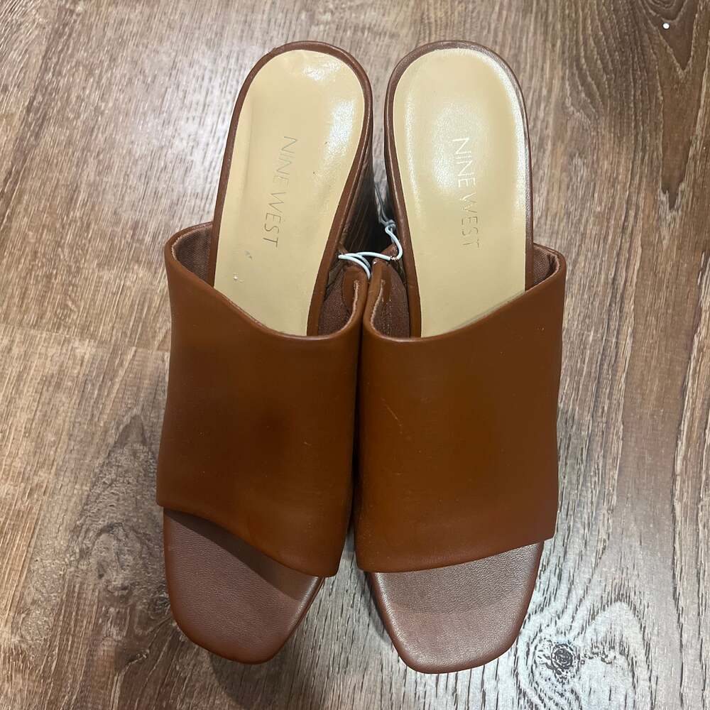 Nine West Cognac Brown Leather Mule Sandals, Square Toe Block Heel 8.5